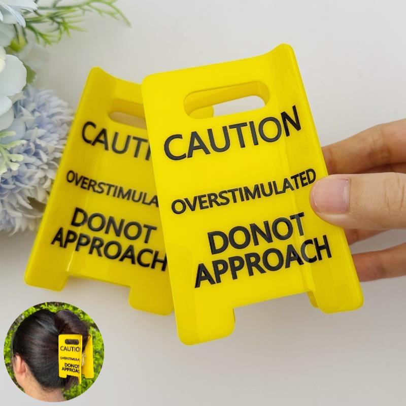 Caution Overstimulated Sign Hair Claw Clip, Yellow Sign with Black Text, Warning Message for Safety Awareness Sensory Input Heart Potentially, Unique Design Statement Piece Funny Clip for Women,Wife, GF, BFF, Workers,Gift